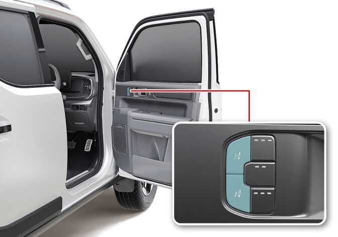 2026 Kia Tasman Integrated memory system image. The image shows the open driver's door with a red line pointing to the memory buttons on the door panel. A detailed view displays the buttons highlighted in teal with seat icons. Explains the function of storing and recalling the driver's seat and mirror positions.