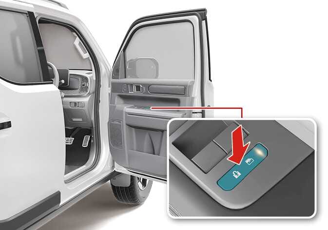 2026 Kia Tasman Power windows lock button image. A red arrow points downwards to the button highlighted in teal on the driver's door armrest, indicating the pressing action. Explains the function of making the rear passenger windows inoperable.