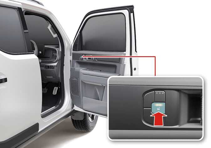 2026 Kia Tasman steering wheel heater button image. A red line connects the driver's door panel to a close-up where the button, highlighted in cyan with a steering wheel and wavy lines icon, is indicated by a red arrow. This explains the function of pressing the button to activate the steering wheel heater.