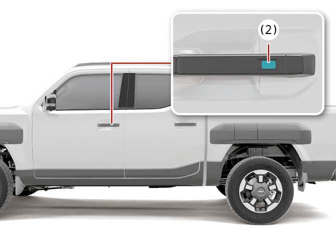 2026 Kia Tasman door lock touch sensor image. The image shows the vehicle's side profile with a red line pointing to a magnified view of the outside door handle. The touch sensor location is highlighted in cyan and labeled (2). This explains the function of locking the doors by touching the sensor.