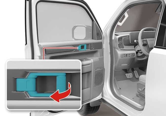 2026 Kia Tasman interior door handle operation image. The door handle is highlighted in cyan on the interior panel. A detailed inset view shows a red curved arrow indicating the pulling motion. Explains the function of pulling the handle to unlock and open the door from the inside.