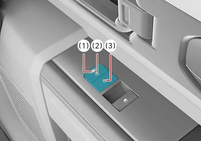 2026 Kia Tasman door lock switch image. The switches highlighted in teal on the armrest show the lock button (2) with a closed padlock icon and indicator light (1), and the unlock button (3) with an open padlock icon. This describes the interior door lock control layout.
