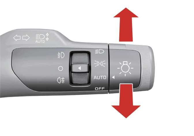 2026 Kia Tasman lighting control lever image. Red vertical arrows point up and down. The lever features icons for turn signals, headlights, and fog lights. Explains the function of moving the lever vertically.