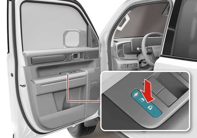 2026 Kia Tasman electronic child safety lock button image. The image displays the driver's door interior with a detailed view of the control panel. A red arrow points downward to the child safety lock button highlighted in teal, showing the amber indicator light illuminated. This explains the function of pressing the button to lock the rear doors electronically.