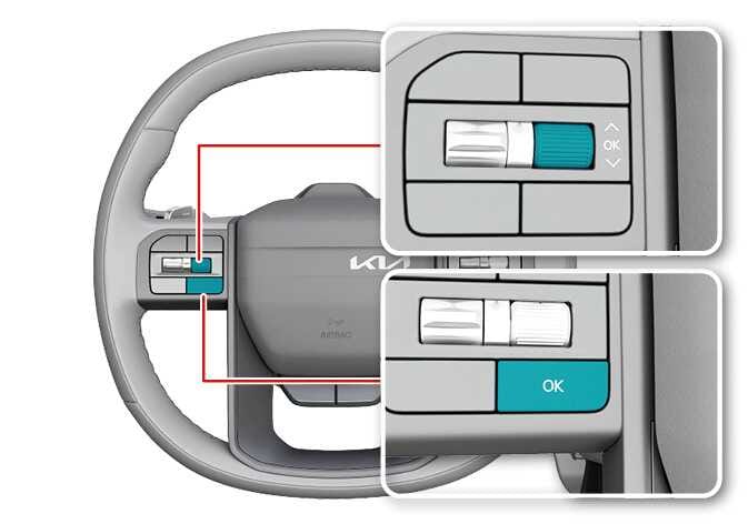 2026 Kia Tasman steering wheel OK button image. A red box highlights the left steering wheel controls. Detailed views show the scroll wheel and OK button highlighted in teal. Explains pressing the OK button to disable the Rear Occupant Alert.