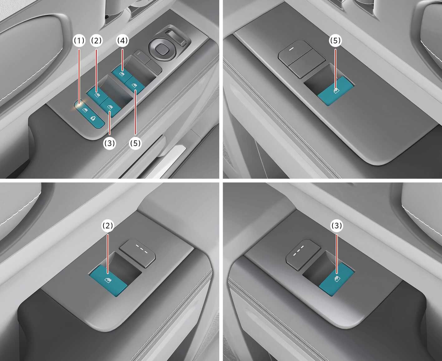2026 Kia Tasman window control switches image. The driver's panel displays teal-highlighted switches: (1) Power window lock, (4) Driver's, (5) Front passenger's, and (2, 3) Rear window switches. Other views show switches on individual armrests. Explains the layout for operating power windows.