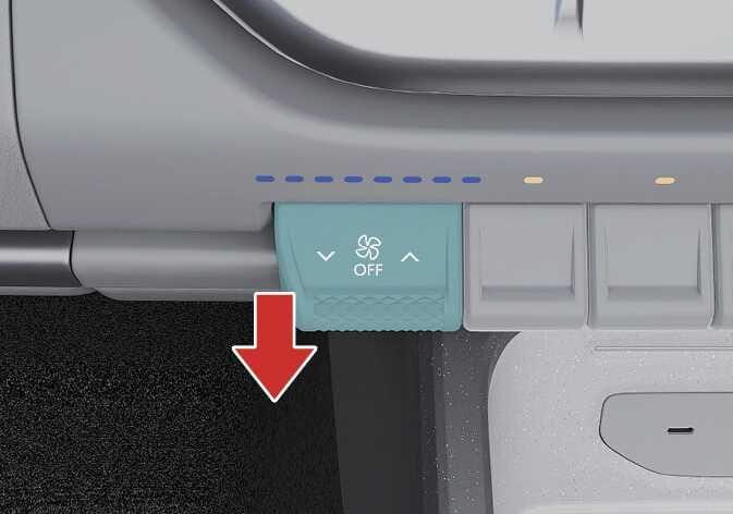 2026 Kia Tasman fan speed control lever image. A large red arrow points downwards, indicating the operation of the lever highlighted in teal. The lever features a fan icon with 'OFF' text. This explains the function of turning off the blowers by pressing the lever down.
