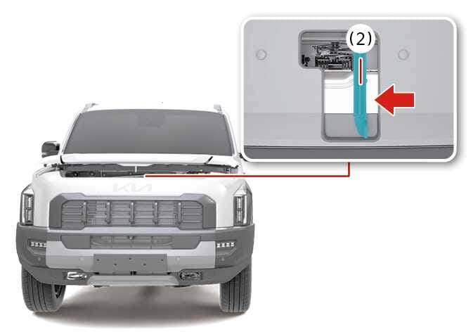2026 Kia Tasman secondary hood release lever image. A magnified inset displays the secondary hood release lever (2) highlighted in teal inside the hood gap, with a red arrow pointing to the left. Explains the function of releasing the secondary latch to fully open the hood.