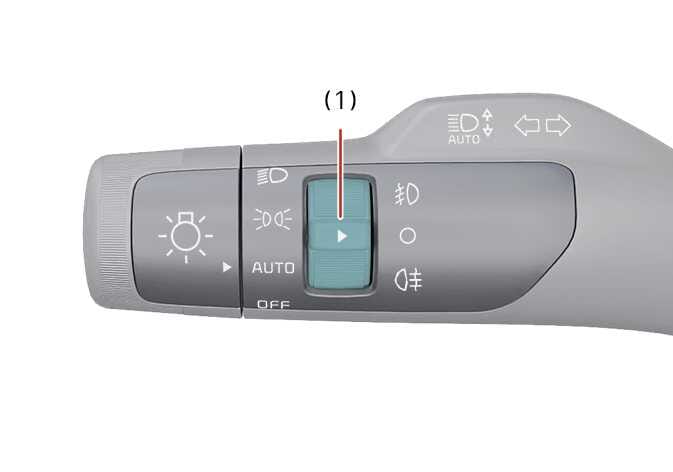 2026 Kia Tasman fog light switch image. The inner rotating ring on the lighting control lever is highlighted in teal and indicated by the number (1). Explains the function of turning the switch to the dedicated position to operate the fog lights.