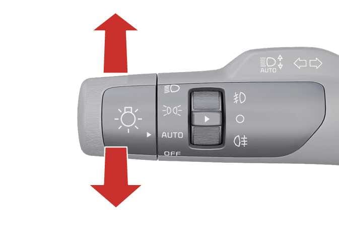2026 Kia Tasman lighting control lever image. Thick red arrows indicate the push and pull directions on the lever with headlight and AUTO icons. Explains the function of pushing the lever to use high beams or pulling it to flash the headlights.