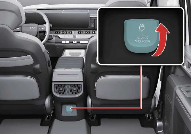 2026 Kia Tasman AC inverter image. The image shows the outlet located on the back of the center console. A detailed view highlights the cover in teal with 'AC 240V MAX 400W' text, and a red curved arrow indicates opening it upwards. This explains the location and opening method of the AC inverter.