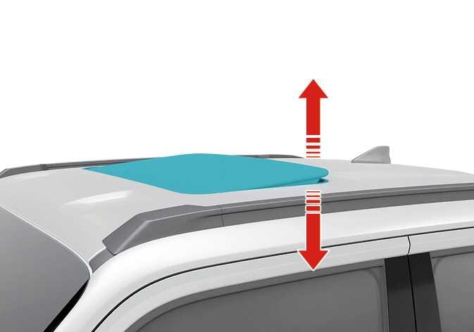 2026 Kia Tasman sunroof tilt operation image. The sunroof glass on the vehicle roof is highlighted in teal and is shown in a tilted-up position. A red vertical double-headed arrow indicates the upward and downward movement of the rear of the glass. Describes the function of tilting the sunroof glass open or closed.
