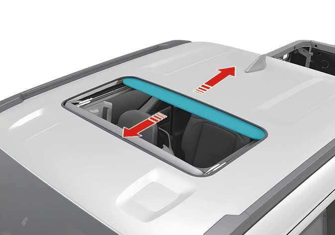 2026 Kia Tasman sunroof slide operation image. Red arrows pointing forward and backward indicate the opening and closing directions of the sunroof glass. A cyan highlighted bar is visible at the front of the open sunroof. Explains the function of sliding the sunroof glass open and closed.