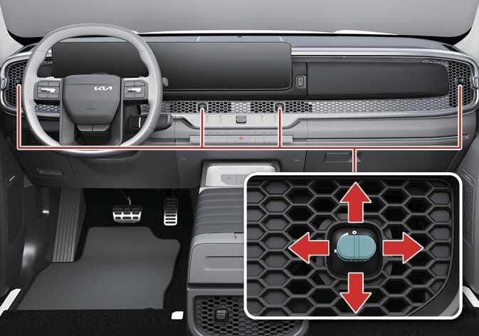 2026 Kia Tasman air vent adjustment image. Red lines indicate the locations of the air vents on the dashboard. A close-up inset shows the vent control lever highlighted in teal, with red arrows pointing up, down, left, and right. This explains the function of adjusting the direction of the air flow.