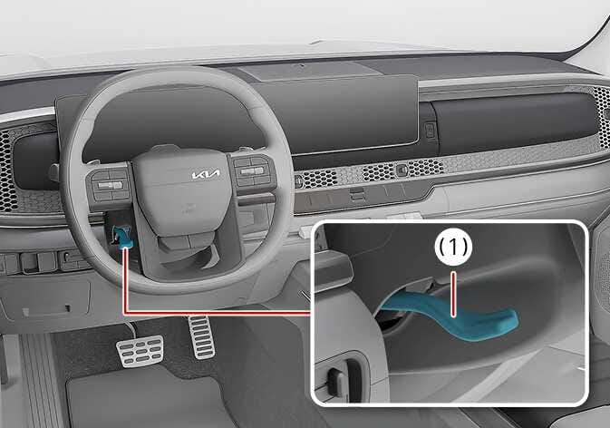 2026 Kia Tasman steering wheel adjustment lever image. The image displays the steering wheel and dashboard, including a detailed view of the lock-release lever (1) under the steering column highlighted in teal. Explains the function of operating the lever to adjust the steering wheel's angle and height.