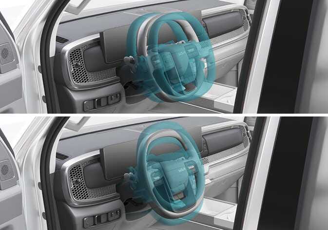2026 Kia Tasman steering wheel adjustment image. The steering wheel is highlighted in teal, with ghosted overlays showing the range of motion for tilting up and down and telescoping in and out. Describes the function of adjusting the steering wheel angle and height.
