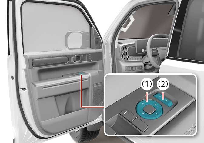 2026 Kia Tasman outside rear view mirror adjustment buttons image. A detailed view highlights the mirror adjustment control (1) as a circular pad and the outside rearview mirror select switch (2) labeled L and R in cyan on the driver's door armrest. Explains the function of selecting and adjusting the side mirror angles.