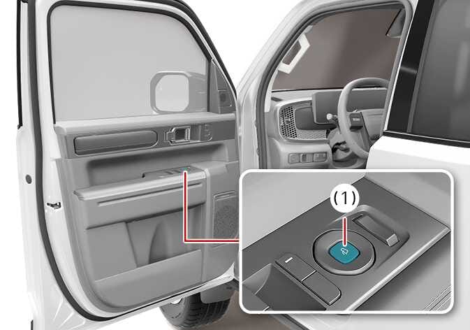 2026 Kia Tasman outside rear view mirror folding button image. The image displays the driver's door panel and a close-up of the control switches. The mirror folding button (1) is highlighted in cyan. Explains the function of pressing the button to fold or unfold the mirror.