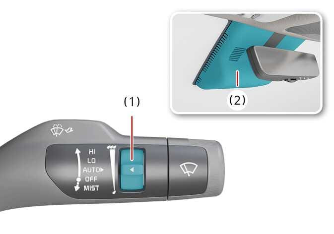 2026 Kia Tasman automatic wiper control image. The wiper speed control switch (1) on the lever is highlighted in teal with a white arrow indicating the adjustment direction. The rain sensor (2) located behind the rearview mirror is also highlighted in teal. Describes the function of adjusting the rain sensor sensitivity and wiper speed.