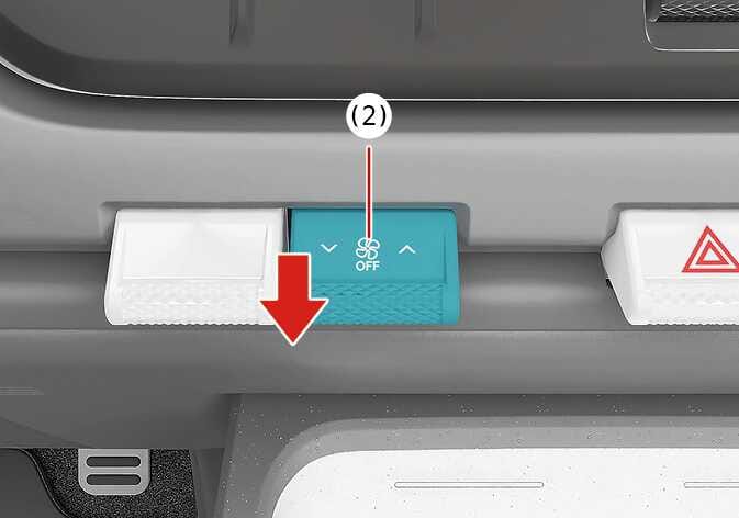 2026 Kia Tasman fan speed control button image. The fan speed control button (2), highlighted in teal, displays a fan icon with 'OFF' text. A red arrow points downward, indicating the action of pressing the switch down. This explains the function of turning off the climate control system.