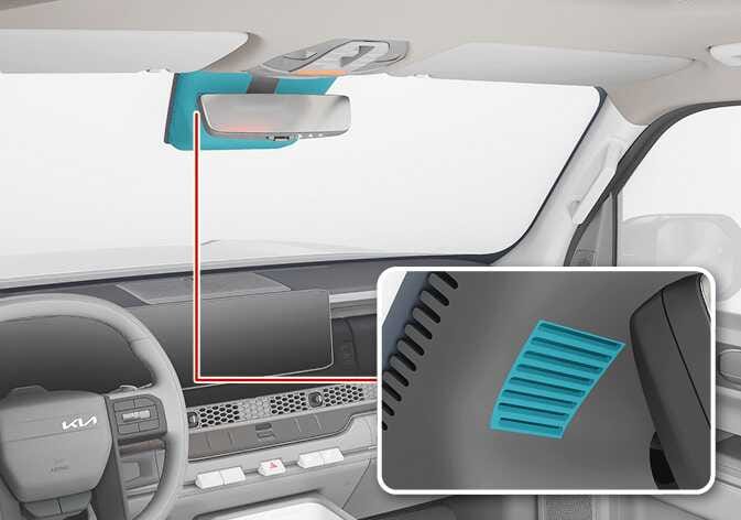 2026 Kia Tasman auto defogging sensor location image. The area behind the rearview mirror is highlighted in cyan. A red line connects to a zoomed-in view showing the sensor grille structure, also highlighted in cyan. Describes the position of the sensor that detects moisture for the automatic defogging system.