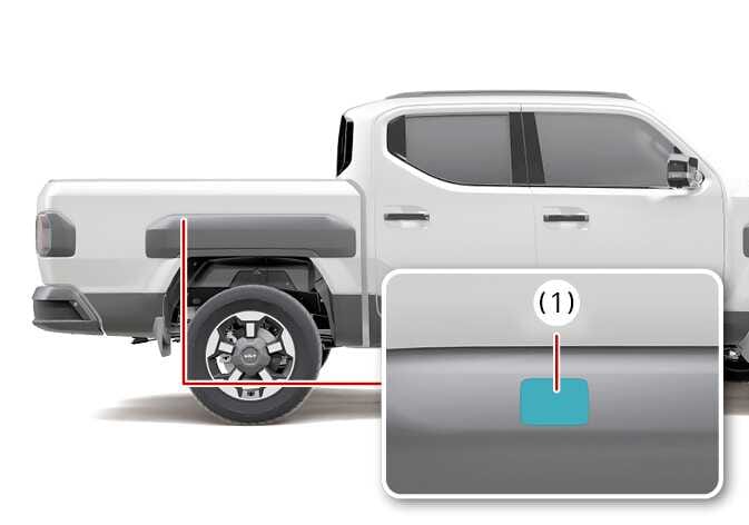 2026 Kia Tasman side storage open button image. A red line connects the rear fender on the vehicle's side profile to a zoomed-in view. The detailed view shows the side storage open button (1) highlighted in cyan. Explains the location of the button to open the side storage.