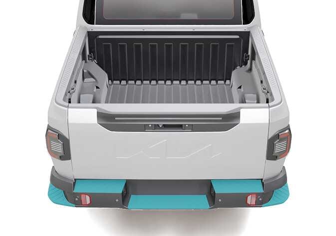 2026 Kia Tasman rear bumper step image. The steps located at the left and right corners of the rear bumper are highlighted in cyan. Describes the function of allowing convenient access to the pickup bed.