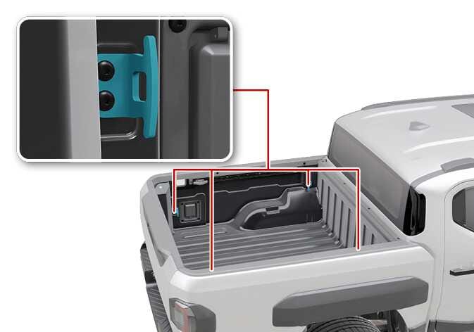 2026 Kia Tasman Bed hook image. Red lines point to four hook locations inside the cargo bed. A close-up inset shows the hook highlighted in teal, secured to the side wall. Explains the location of bed hooks used to secure cargo and prevent damage.