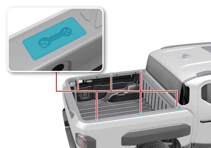2026 Kia Tasman customizing items mounting structure image. Red lines indicate locations on the bed rail, leading to a detail view of a wrench symbol highlighted in teal. Explains where cutting is possible for installing customized accessories.