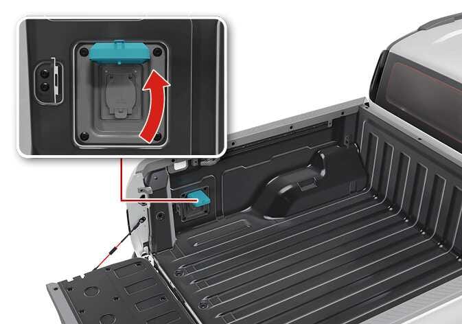 2026 Kia Tasman AC inverter image. The image shows the AC inverter located on the inner side wall of the truck bed, highlighted in cyan. A close-up inset view displays the outlet cover with a red curved arrow indicating the upward opening motion. This explains the location of the AC inverter in the bed and how to open the cover.