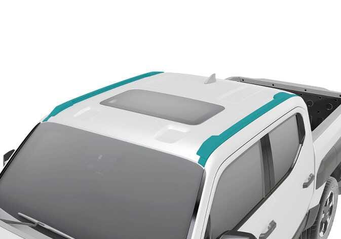 2026 Kia Tasman Type A roof rack image. The roof rails installed on the left and right sides of the vehicle's roof are highlighted in teal. A sunroof is visible in the center of the roof. This explains the structure and position of the roof rack.