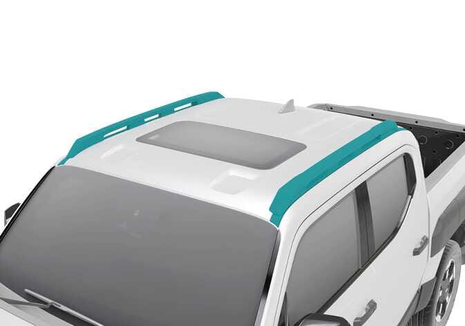 2026 Kia Tasman Type B roof rack image. The roof rails running along both sides of the vehicle roof are highlighted in teal, and a sunroof is located in the center. Explains the location and configuration of the roof rack system.