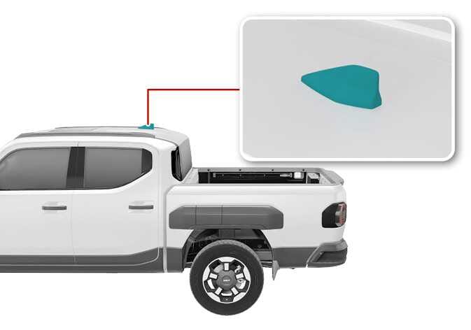 2026 Kia Tasman sharkfin antenna image. The antenna located on the rear roof is highlighted in cyan. A red line connects the mounting position to a magnified inset showing the detailed shape. Describes the location of the component that transmits and receives signals.