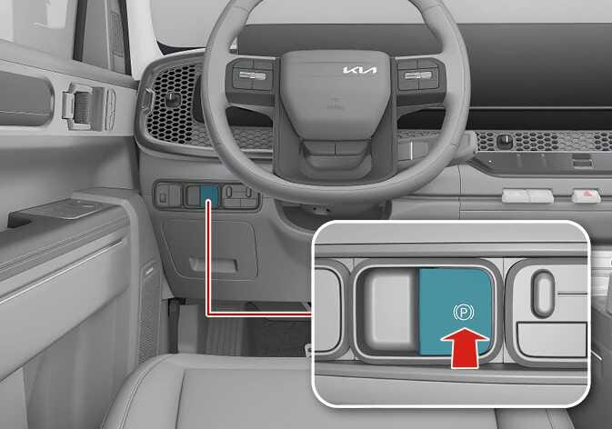 2026 Kia Tasman Electronic Parking Brake (EPB) switch image. The image displays the dashboard to the left of the steering wheel with the EPB switch highlighted in teal. A detailed view shows the switch with a 'P' symbol and a red arrow pointing upwards. Describes the location and operation of the EPB switch.