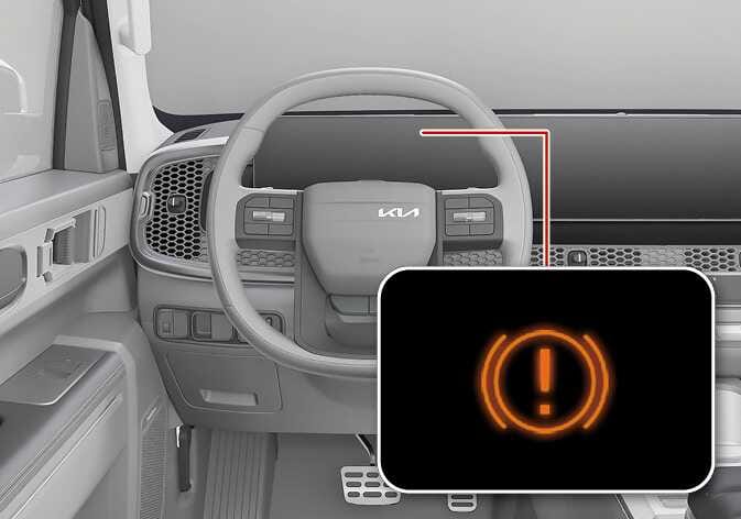 2026 Kia Tasman parking brake warning light image. A red line points from the instrument cluster behind the steering wheel to an enlarged inset showing an orange icon with an exclamation mark inside a circle and parentheses. This explains the location and appearance of the parking brake warning light.