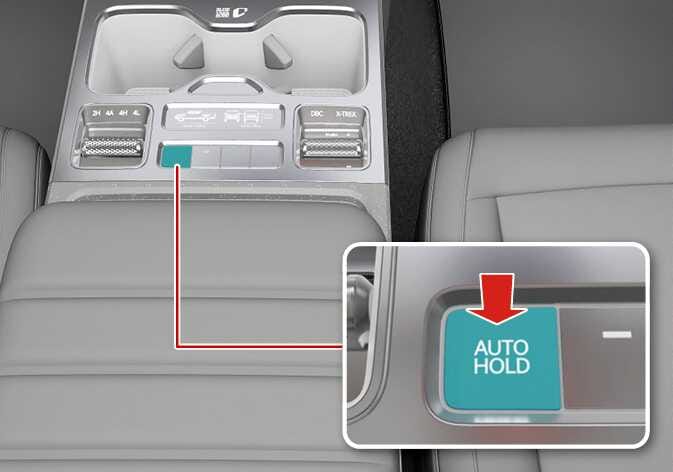 2026 Kia Tasman AUTO HOLD button image. The AUTO HOLD button on the center console is highlighted in teal. A magnified inset view shows a red arrow pointing downwards onto the button labeled 'AUTO HOLD'. It describes the function of pressing the button to activate the AUTO HOLD system.