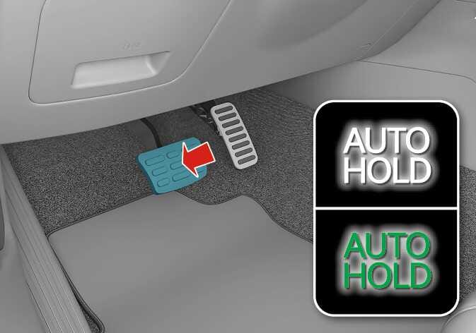2026 Kia Tasman AUTO HOLD operation image. The brake pedal is highlighted in cyan with a red arrow indicating the pressing action. Beside it, the 'AUTO HOLD' indicator is displayed in both white and green text. Describes the function of engaging Auto Hold by depressing the brake pedal.