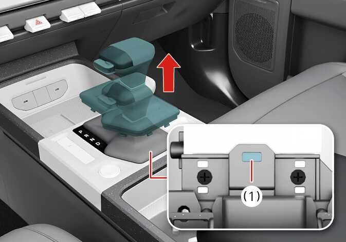 2026 Kia Tasman shift lock override image. The shift knob boot is highlighted in teal, with a red vertical arrow indicating the upward removal direction. A detailed inset view shows the internal mechanism with the shift lock override access hole (1). Explains the function of accessing the shift lock override mechanism.