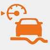 2026 Kia Tasman X-TREK indicator icon. The image displays an orange symbol of a vehicle on a wavy line, with a speedometer gauge on the upper left. It explains the function that automatically maintains a low driving speed on off-road terrain.