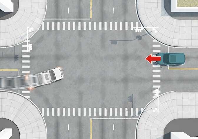 2026 Kia Tasman Junction Turning function image. A top-down view of an intersection shows a vehicle turning left, indicated by a red arrow, while an oncoming vehicle approaches. This explains the function that helps avoid a collision with an oncoming vehicle when turning left at a crossroad.