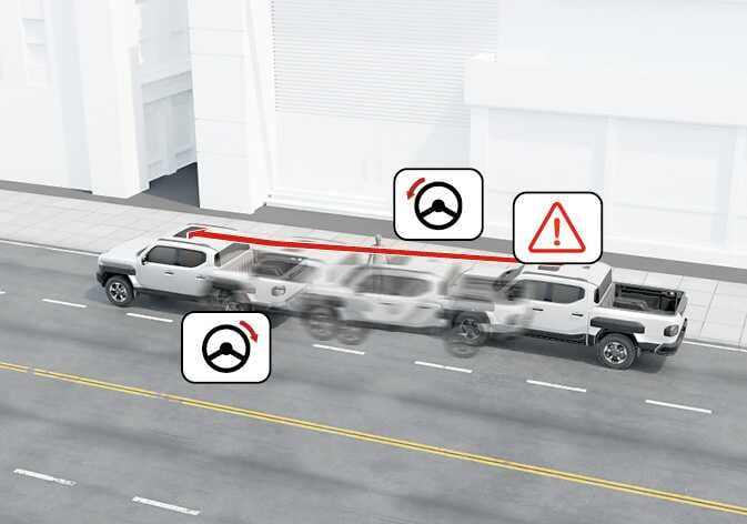 2026 Kia Tasman Junction Turning function image. It shows the vehicle turning at a junction with ghosted outlines indicating emergency braking against an oncoming path marked by a red arrow line. Icons show steering wheels with red turn arrows and a warning triangle. This explains the function of applying emergency braking to avoid collisions when turning.