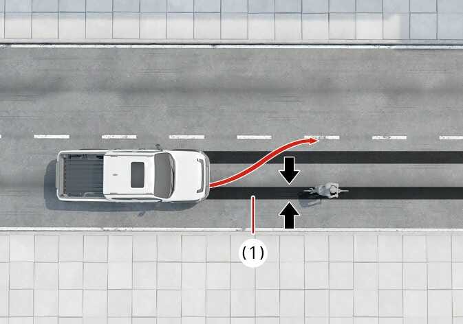 2026 Kia Tasman Forward Collision-Avoidance Assist image. A top-down view shows a white pickup truck steering to the left, indicated by a red curved arrow, to avoid a cyclist ahead. Black arrows (1) indicate the gap between the vehicle and the cyclist. This explains the function of assisting with steering to avoid a collision.