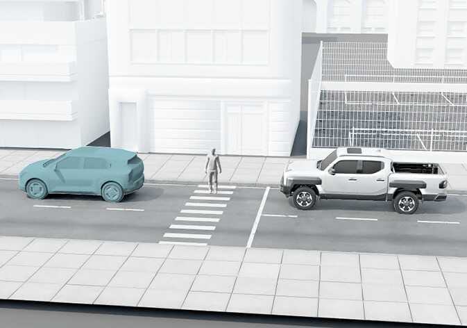 2026 Kia Tasman Smart Cruise Control limitation image. A white pickup truck approaches a crosswalk where a pedestrian is standing. A cyan-highlighted SUV is in the adjacent lane. This illustrates conditions where the sensor may not detect obstacles properly.