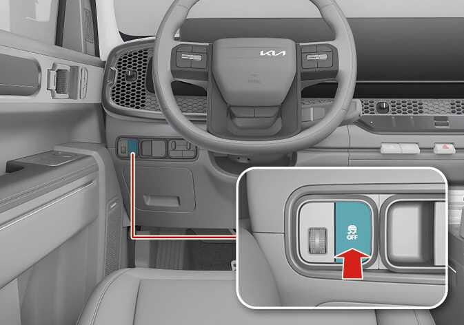 2026 Kia Tasman Electronic Stability Control (ESC) OFF button image. The button on the panel to the left of the steering wheel is highlighted in cyan. A detailed inset shows the button with a skidding car icon and 'OFF' text, with a red arrow pointing upward to indicate the pressing action. Explains the function of deactivating the Electronic Stability Control system.