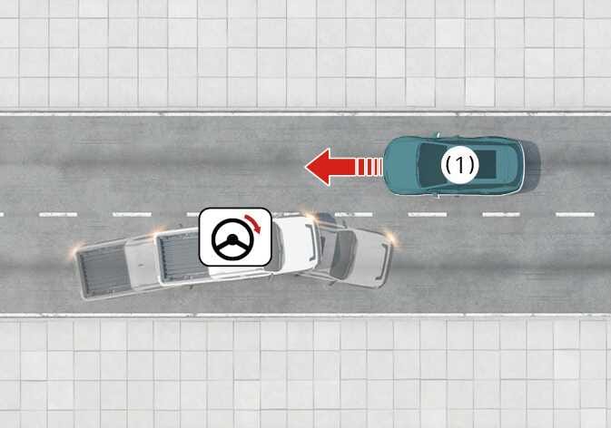 2026 Kia Tasman Forward Collision-Avoidance Assist image. A top-down view displays a white pickup truck and an oncoming vehicle labeled (1) in the adjacent lane. A red arrow indicates the oncoming vehicle's approach. A steering wheel icon with a red curved arrow above the truck signifies steering intervention. This explains the function of assisting with steering to help avoid a collision with an oncoming vehicle.
