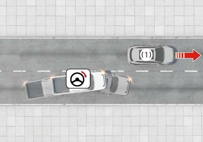 2026 Kia Tasman Forward Collision-Avoidance Assist image. A top-down view shows the vehicle steering left to avoid an oncoming vehicle (1) approaching from the opposite direction. A steering wheel icon with a red curved arrow indicates the evasive maneuver. This explains the function assisting with steering to prevent a collision with an oncoming vehicle.