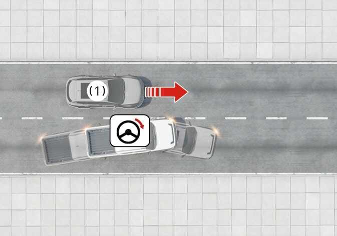 2026 Kia Tasman Forward Collision-Avoidance Assist image. A top-down view depicts a gray vehicle (1) in the adjacent lane with a red arrow indicating movement. The white subject vehicle steers towards it. A steering wheel icon with a curved red arrow indicates steering assist. This illustrates the Lane-Change Side function helping to avoid collisions with vehicles in the adjacent lane.