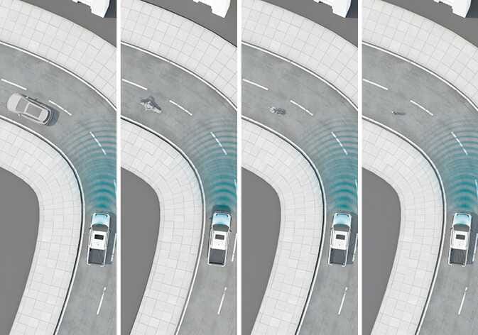 2026 Kia Tasman Forward Collision-Avoidance Assist limitation image. Four panels show the vehicle on a curved road with blue radar waves projecting forward. The panels depict a vehicle, a motorcycle, a cyclist, and a pedestrian ahead on the curve. This illustrates the limitation where the system may not detect objects on curved roads.