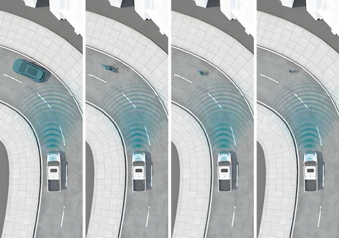 2026 Kia Tasman Forward Collision-Avoidance Assist limitations image. Four panels display the vehicle on a curved road with cyan sensor waves projecting forward. It depicts scenarios involving a car, motorcycle, cyclist, and pedestrian positioned along the curve. It explains the system's potential detection limitations when driving on curved roads.