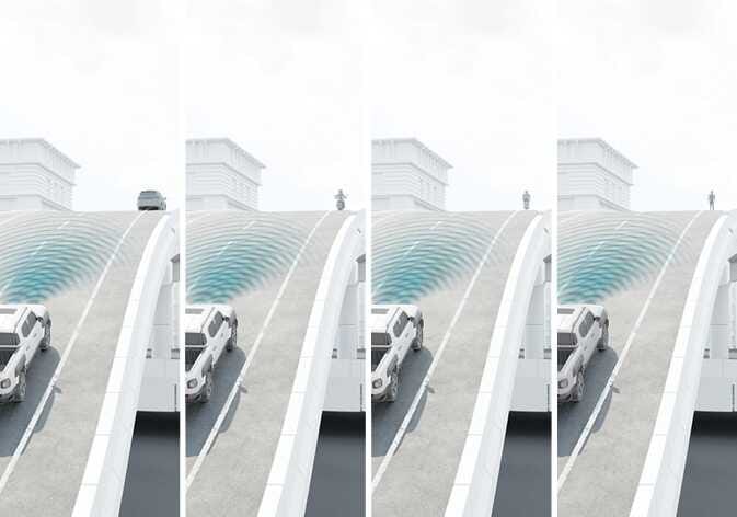 2026 Kia Tasman Forward Collision-Avoidance Assist limitation image. The vehicle is driving up a steep hill, emitting blue radar waves that are blocked by the road surface. A vehicle, motorcycle, and pedestrians on the opposite side are not detected. Explains the limitation where the sensor cannot detect objects hidden behind a slope.